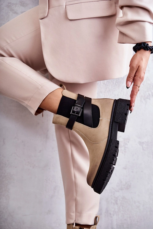 Damskie Ocieplane Botki Sztyblety Z Paskiem Beżowe Jose