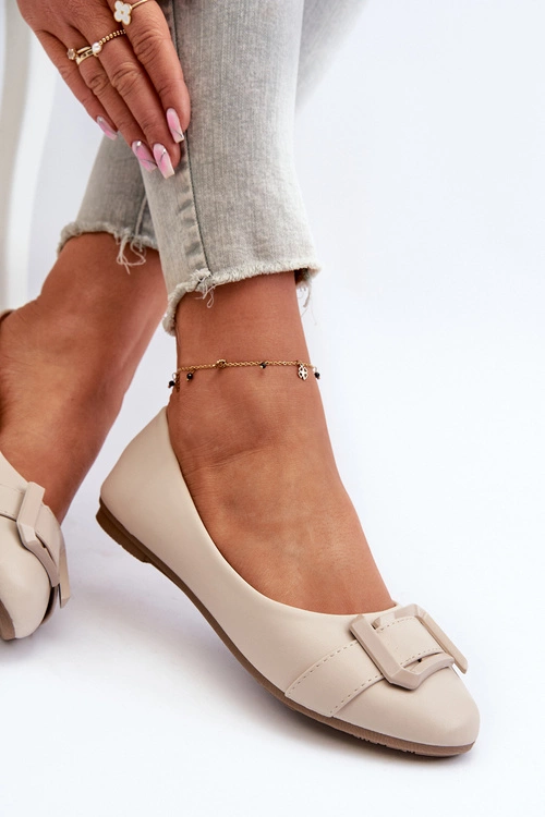 Baleriny Z Paskiem I Ozdobą Eko Skórzane Jasnobeżowe Cadwenla