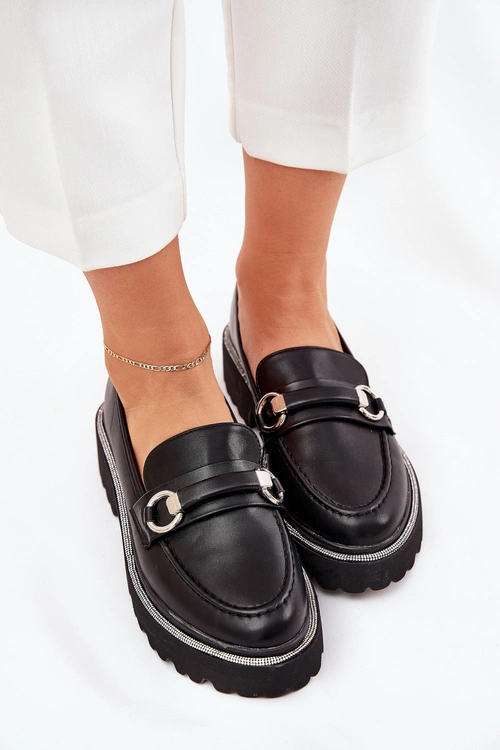 Mokasyny Damskie Zdobione Cyrkoniami Czarne Patina