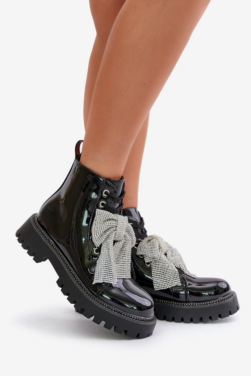 Lakierowane Botki Damskie Z Kokardą Czarne Ocenttia