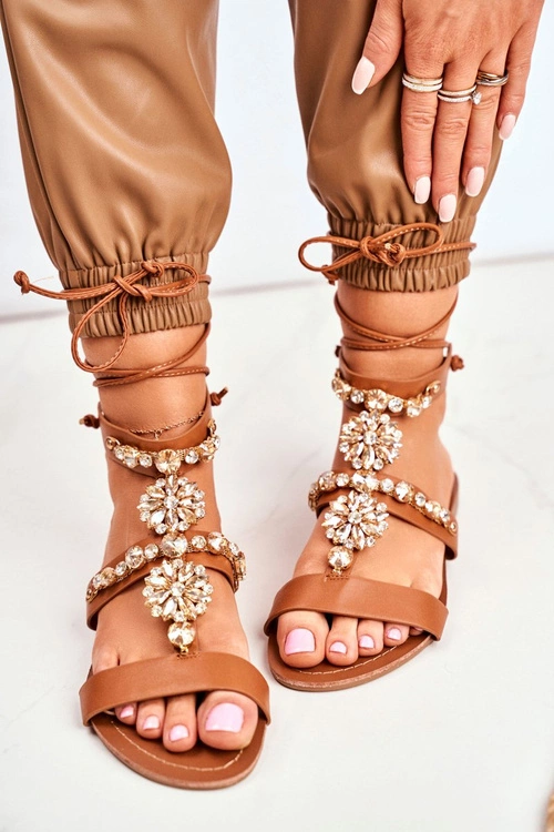 Sandały Damskie Gladiatorki Z Kryształkami Camel Hype