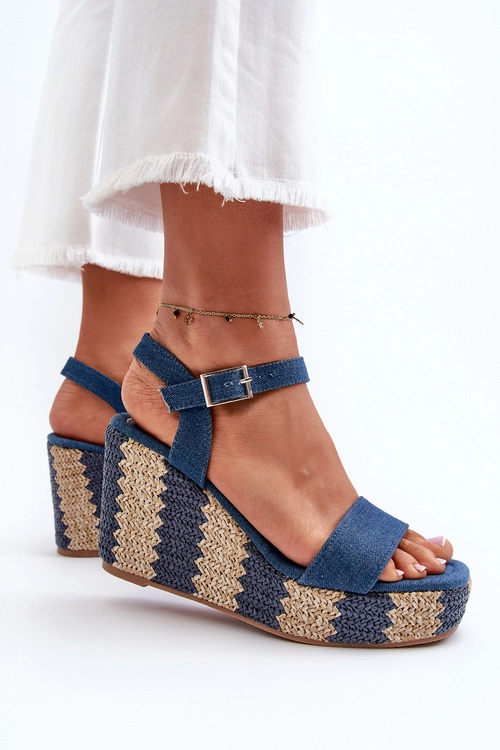 Jeansowe Sandały Damskie Na Koturnie Z Plecionką Niebieskie Reviala