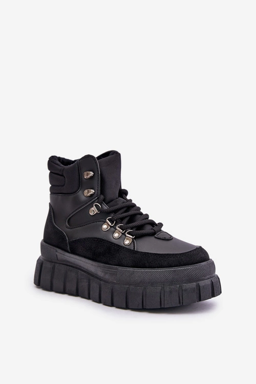 Damskie Ocieplane Botki Trapery Na Platformie Czarne Jelenia