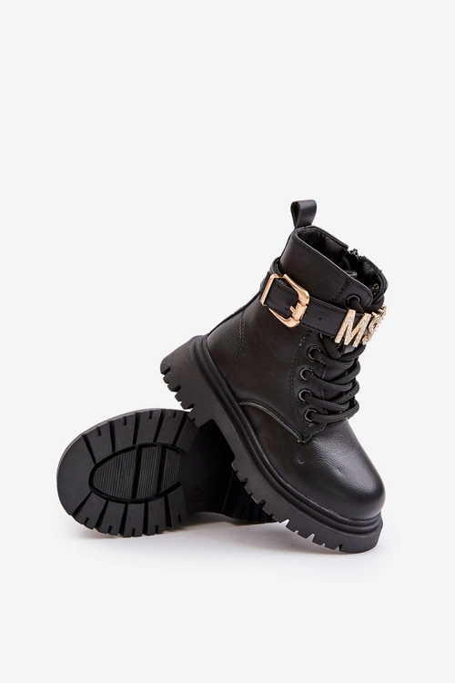 Botki Dziewczęce Eko Skórzane Ocieplane Z Ozdobnym Paskiem Czarne Gilian