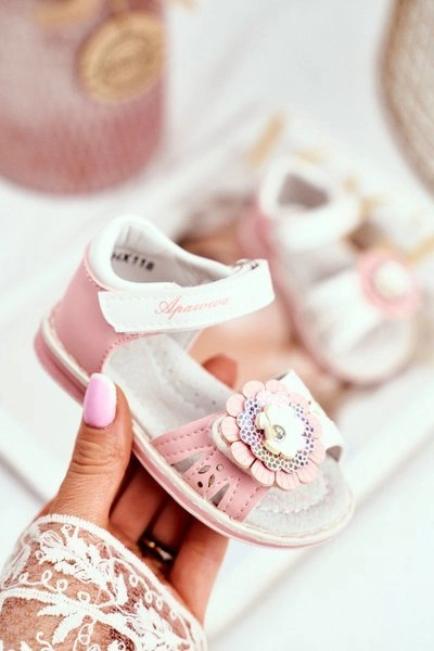 Sandały Dziecięce na Rzepy Kwiatuszek Różowe Mino