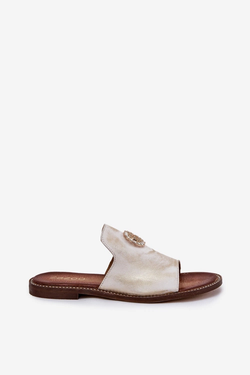 Eleganckie Skórzane Klapki Damskie Z Ozdobą Zazoo 3008 Złoty Przecierany