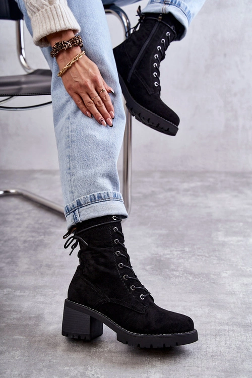 Damskie Ocieplane Botki Trapery Na Obcasie Czarne Julieta