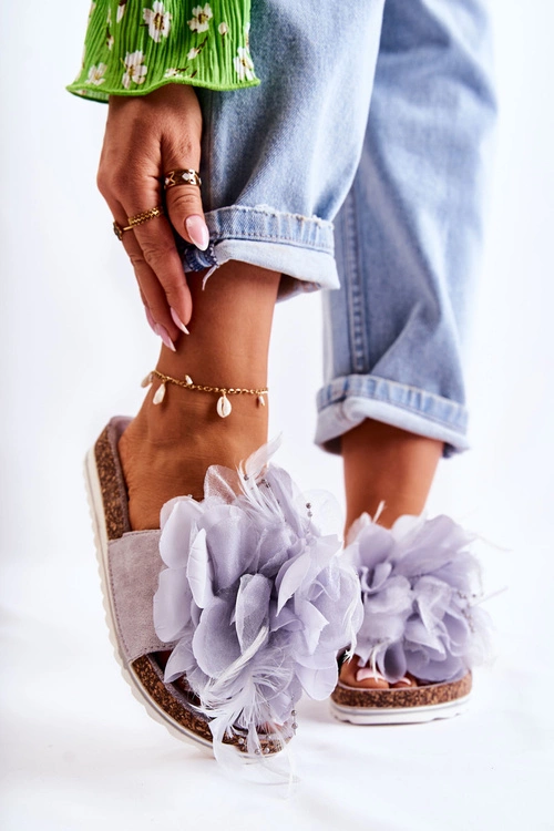 Damskie Zamszowe Klapki Z Ozdobnym Kwiatem Szare Alimos