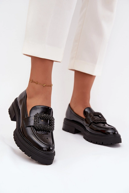 Lakierowane Półbuty Mokasyny Damskie Z Ozdobną Klamrą Czarne Luvianne