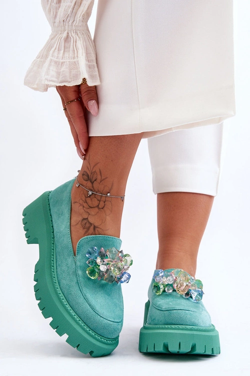 Damskie Mokasyny Z Ozdobnymi Kryształami Zielone Avril