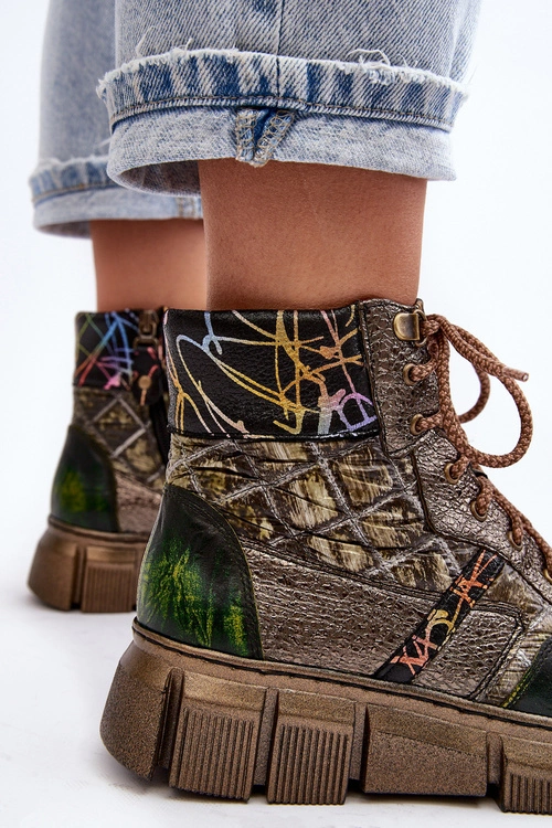 Wzorzyste Botki Damskie Skórzane Maciejka 06145-24 Oliwkowe