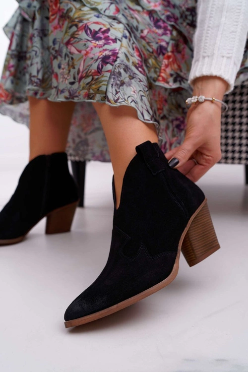 Botki Damskie Czarne Skórzane na Obcasie Chavai