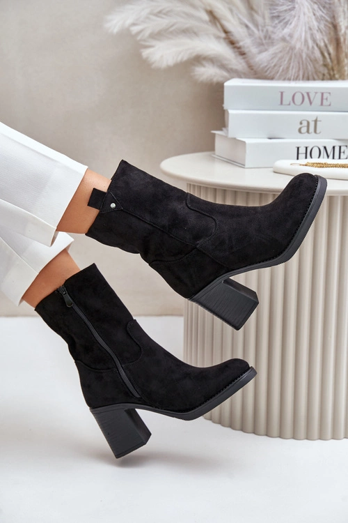 Botki Damskie Ocieplane Na Obcasie Słupku Eko Zamszowe Czarne Vellinga