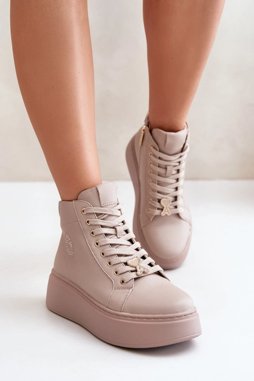 Wysokie Skórzane Sneakersy Damskie Na Platformie Vinceza 66707 Beżowe