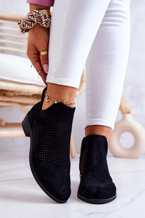 Zamszowe Botki Ażurowe Czarne Shirley