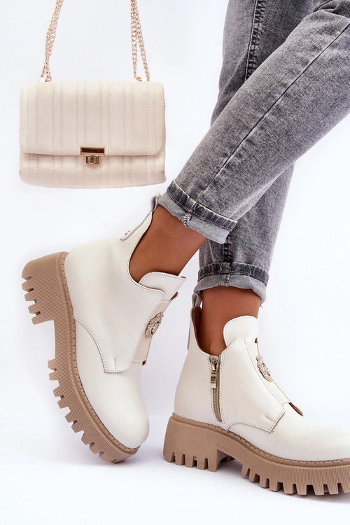 Damskie Skórzane Botki Z Ozdobą Jasnobeżowe Lemar Lusanna