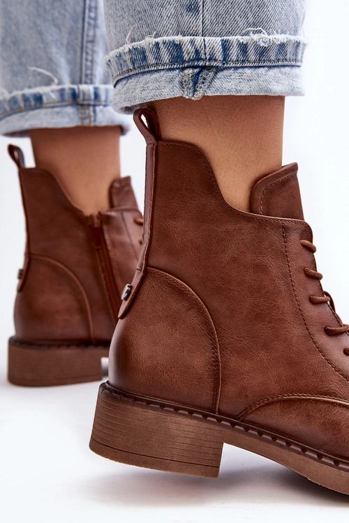 Klasyczne Damskie Botki Na Płaskim Obcasie Brązowe Ballisa