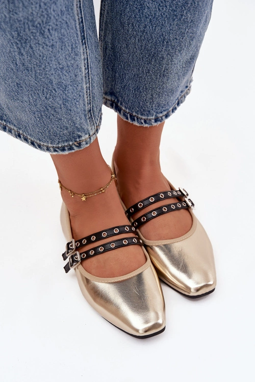 Baleriny Damskie Z Paskami Złote Deliora