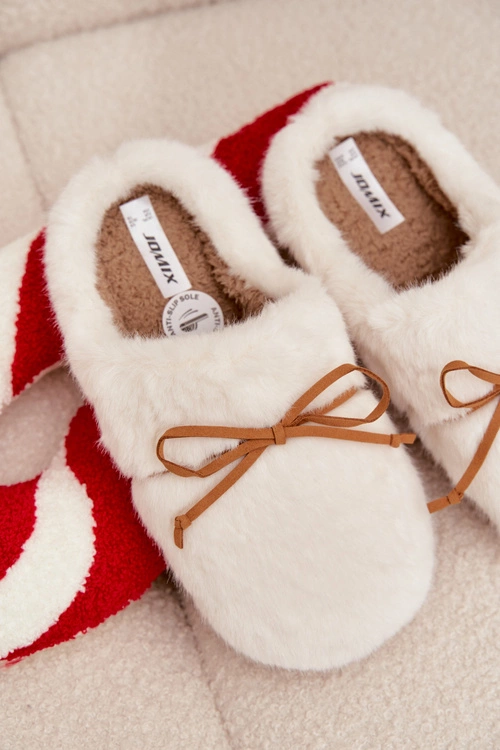 Futrzane Kapcie Z Kokardką Ecru Minella