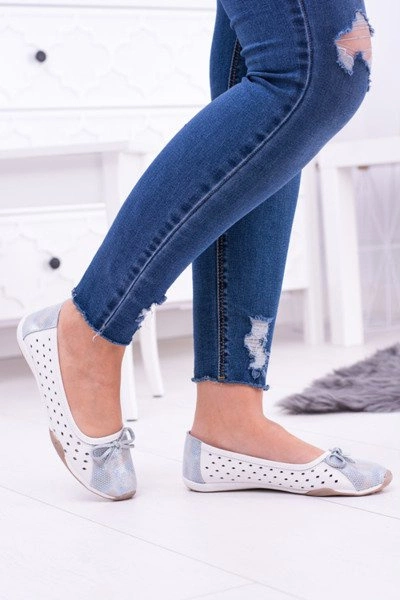 Damskie Skórzane Białe Ażurowe Balerinki Erdola