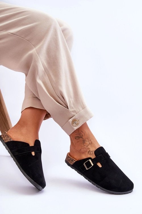 Zamszowe Klapki Na Korkowej Platformie Czarne Vellma