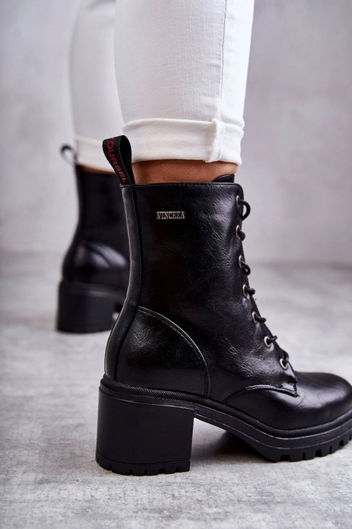 Damskie Ocieplane Botki Na Obcasie Czarne Grethe