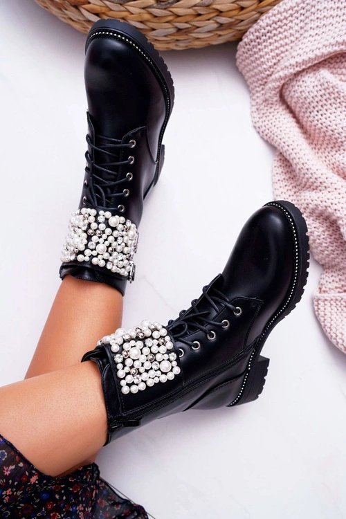 Botki Damskie Płaski Obcas Militarne Czarne Bemmer