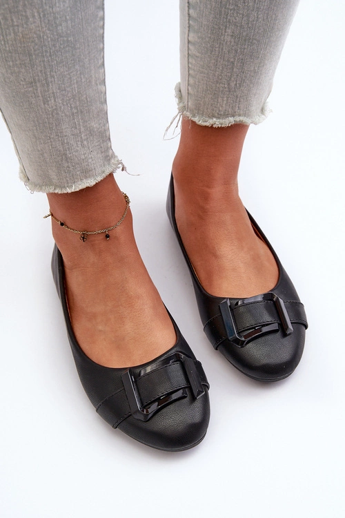 Baleriny Z Paskiem I Ozdobą Eko Skórzane Czarne Cadwenla