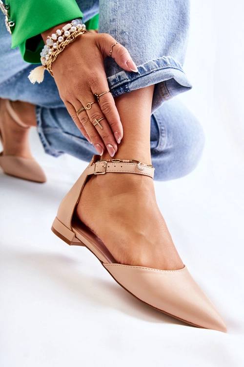 Damskie Skórzane Baleriny Sandały W Szpic Beżowe Caprise