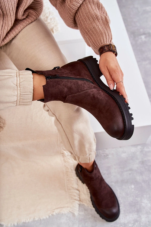 Zamszowe Ocieplane Botki Workery Na Płaskim Obcasie Brązowe Salome