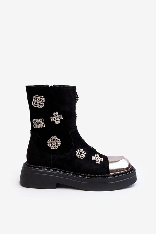 Zamszowe Ocieplane Botki Z Ozdobami D&A MR870-14 Czarne