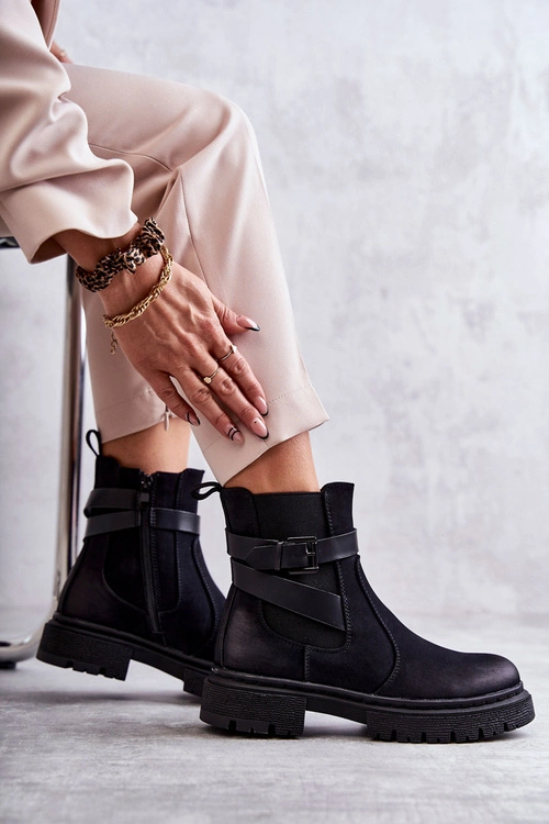 Damskie Ocieplane Botki Sztyblety Z Paskiem Czarne Jose