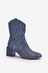 Jeansowe Botki Z Ażurową Cholewką Na Klocku Niebieskie Irvelame 