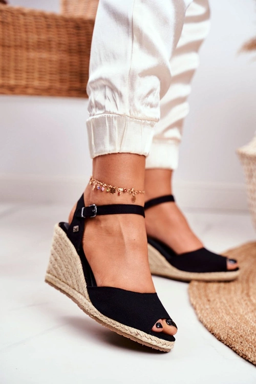 Sandały Damskie Na Plecionej Koturnie Big Star Czarne DD274A209