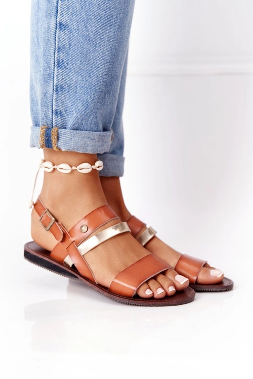 Płaskie Sandały Damskie Brązowo-Złote Doris