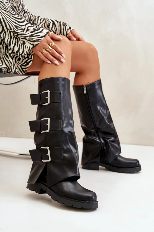 Ocieplane Kozaki Z Wywiniętą Cholewką I Klamrami Czarne Cialetta