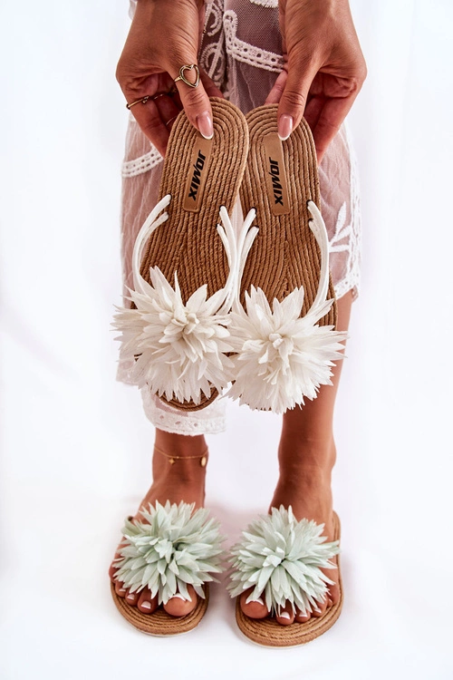 Damskie Klapki Japonki Z Materiałową Ozdobą Białe Eviana