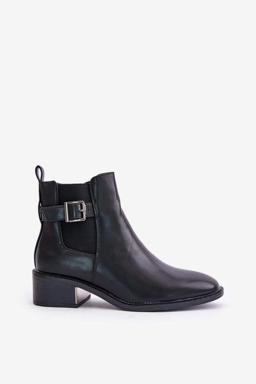 Botki Sztyblety Damskie Na Niskim Obcasie Ze Złotą Klamrą Czarne Vomera