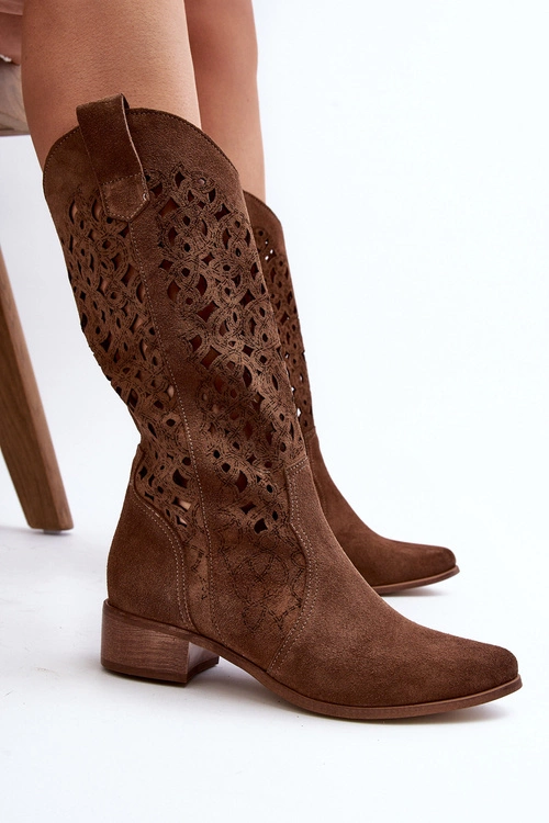 Zazoo 3403 Ażurowe Kozaki Damskie Na Niskim Obcasie Brązowe