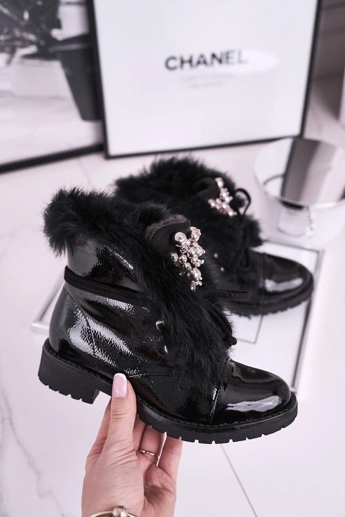 Dziecięce Ocieplane Botki Z Futerkiem Lakierowane Czarne Ella