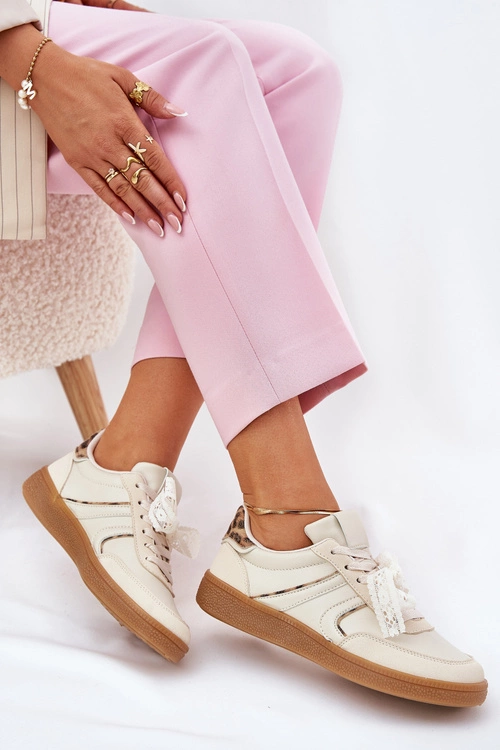 Niskie Sneakersy Damskie Z Koronką Panterka Beżowe Zielle