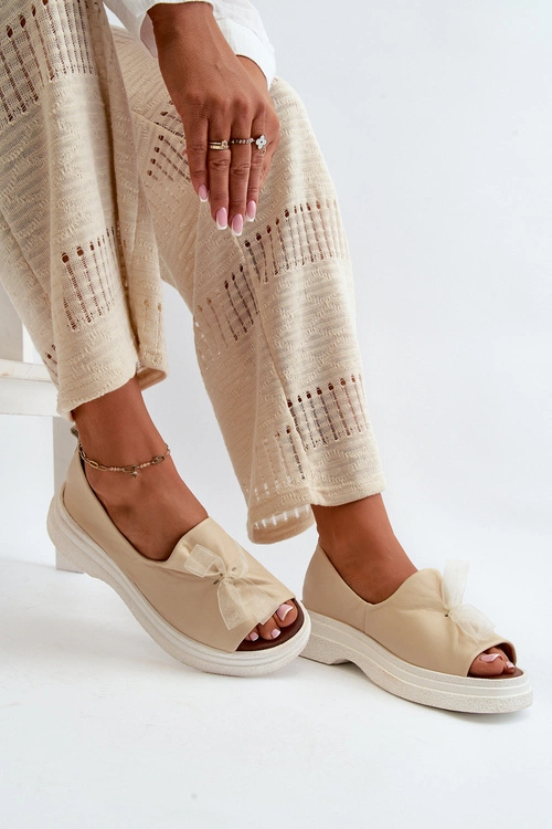 Zazoo 2939 Skórzane Sandały Damskie Z Kokardką Jasnobeżowe