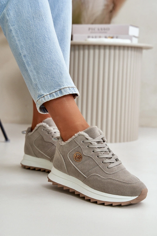 Ocieplane Skórzane Buty Sportowe Na Platformie Szare Adite