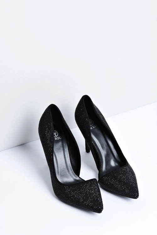 Szpilki Damskie Czarne Zamszowe Cyrkonie Asymetryczne Santee