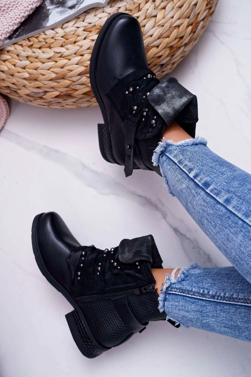 Damskie Botki Płaski Obcas Ciepłe Czarne Debra