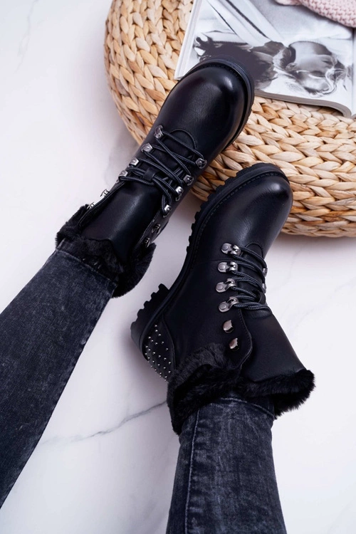 Damskie Botki Trapery Futerko Czarne Ergost