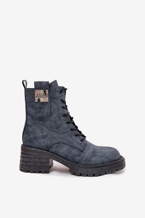 Skórzane Botki Workery Damskie Na Klocku Z Ozdobnym Detalem Artiker 57C0212 Niebieskie