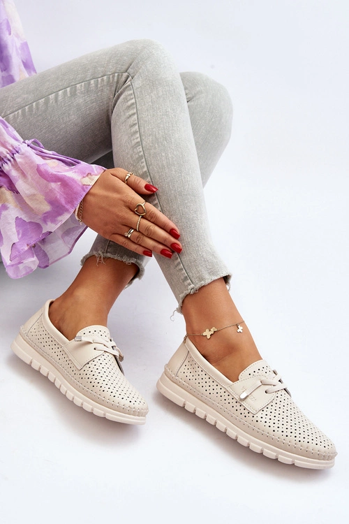 Skórzane Półbuty Damskie Ażurowe Beżowe Darnissa