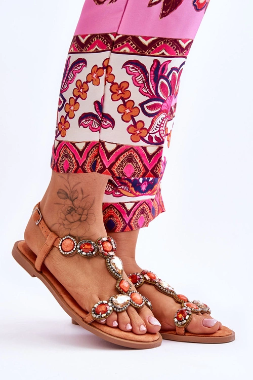 Zamszowe Płaskie Sandały Z Kamieniami Pomarańczowe Dallas