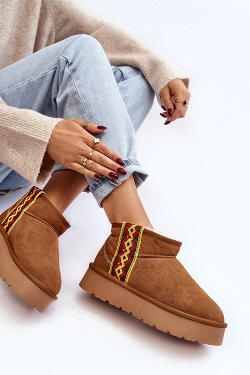 Skórzane Zamszowe Śniegowce Damskie Na Grubej Podeszwie Camel Vebissat